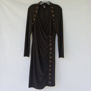 FRANK‎ LYMAN Midi Bodycon Party Evening Cocktail Ruched Edgy Black Dress Size10